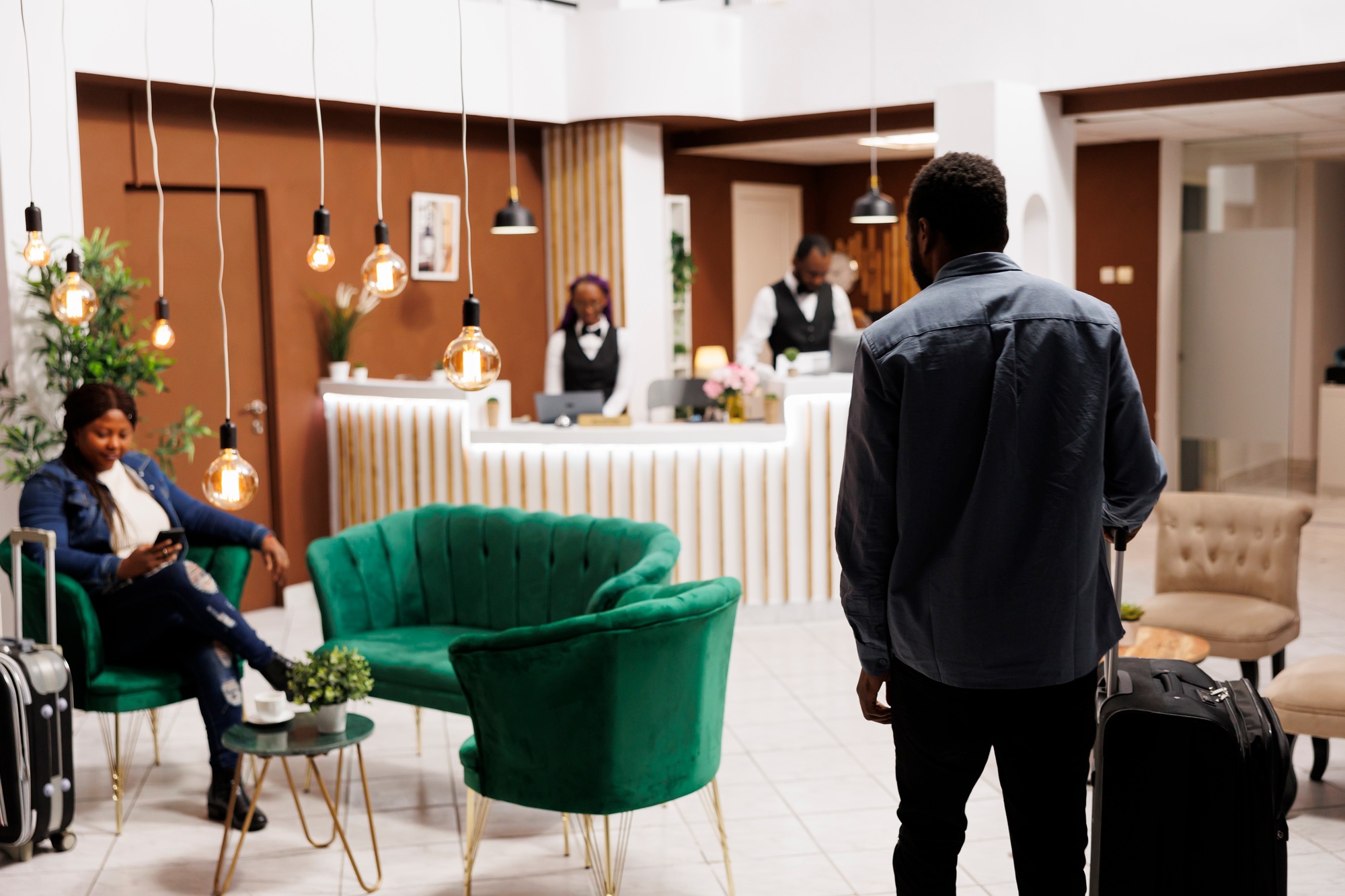Tourist arriving at hotel or resort